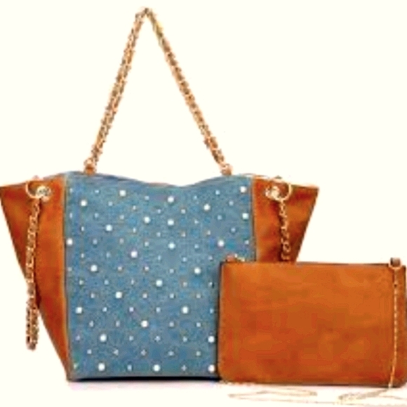 Handbags - Boho Denim Beaded Chain  Strap Tote NWT